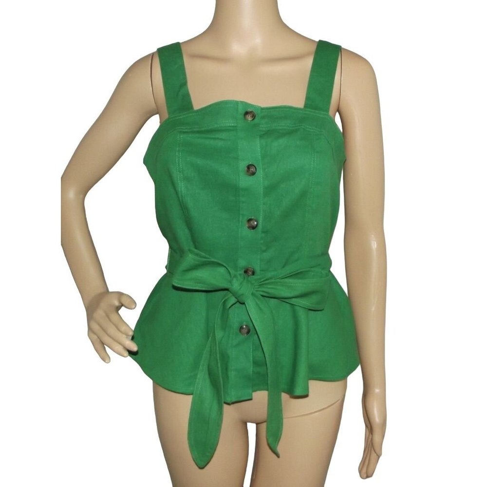 Who What Wear Solid Green Tank Size Small linen peplum button sleeveless belted